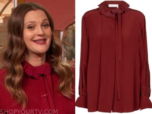 drew barrymore, drew barrymore show, red embroidered tie neck blouse