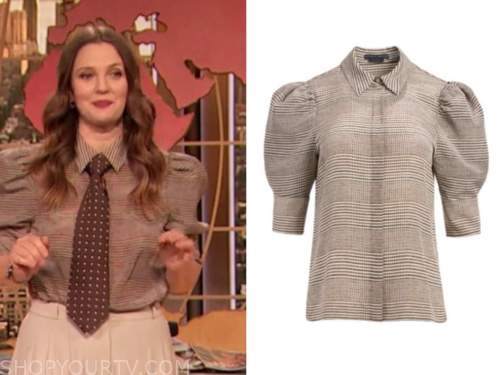 drew barrymore, drew barrymore show, brown plaid puff sleeve shirt