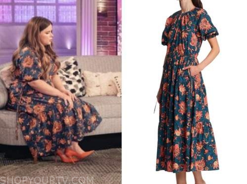 jessie ennis, the kelly clarkson show, navy blue and orange printed midi dress