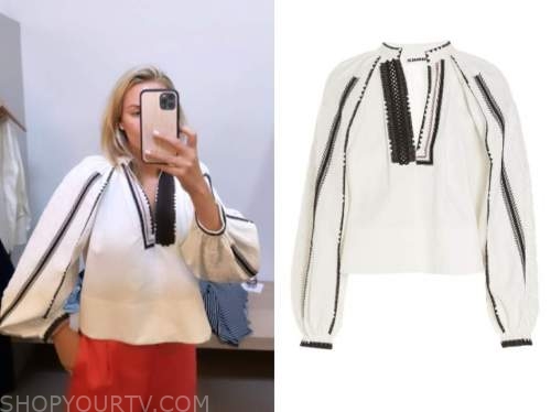 morgan stewart, instagram fashion, white embroidered blouse