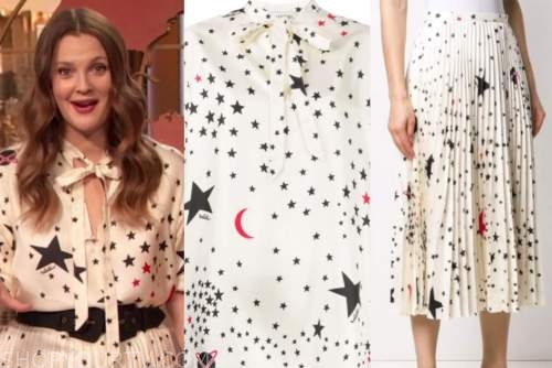 drew barrymore, drew barrymore show, white star print tie neck top and skirt, dress