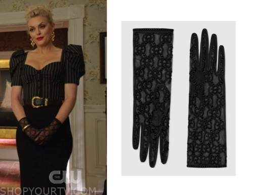 Gucci Tulle Gloves worn by Alexis Carrington (Elaine Hendrix) as seen in  Dynasty (S04E02)