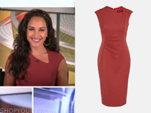 emily compagno, outnumbered, rust sheath dress