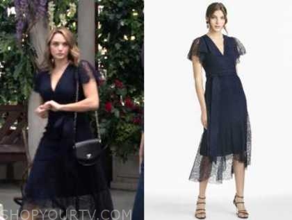 summer newman, hunter king, the young and the restless, navy blue lace midi dress