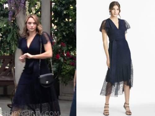 summer newman, hunter king, the young and the restless, navy blue lace midi dress
