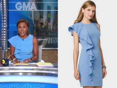 robin roberts, good morning america, blue asymmetric ruffle sheath dress