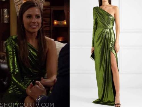 katie thurston, the bachelorette, green metallic one-shoulder gown dress