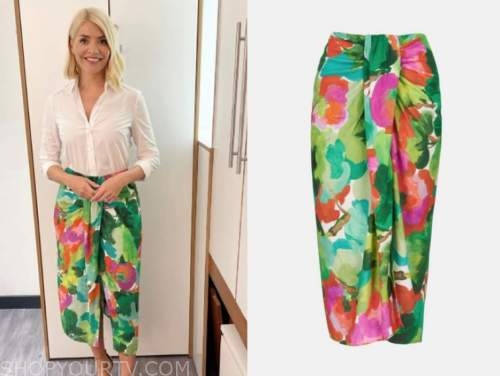 holly willoughby, this morning, green and pink floral skirt