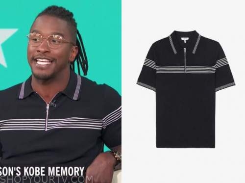 scott evans, access daily, navy blue striped knit polo shirt