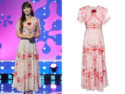 zooey deschanel, the celebrity dating game, heart print dress