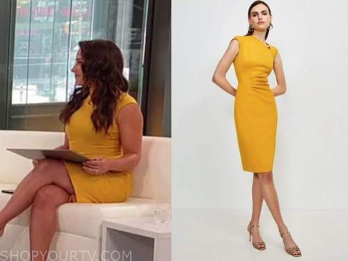 emily compagno, outnumbered, yellow sheath dress