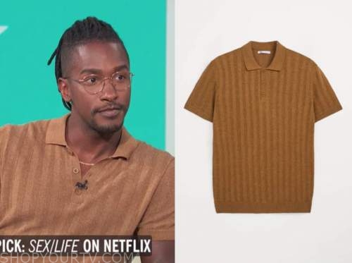 scott evans, access daily, camel striped polo shirt