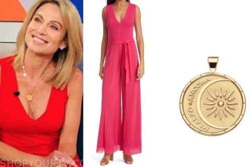 amy robach, good morning america, pink jumpsuit, gold coin pendant necklace