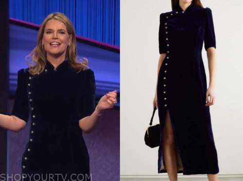 savannah guthrie, jeopardy, navy blue velvet dress