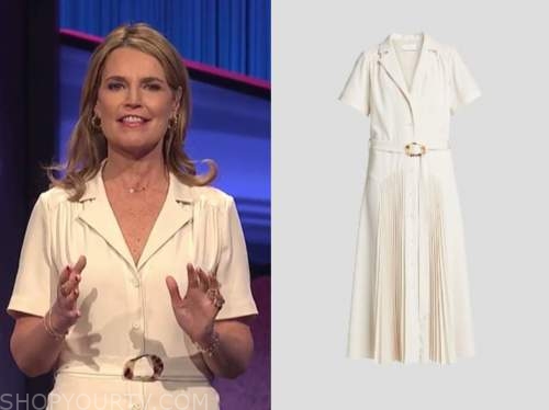 savannah guthrie, jeopardy, ivory pleated belted dress