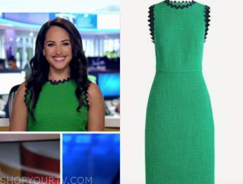 emily compagno, outnumbered, green tweed scallop sheath dress