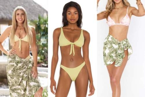 victoria larson, bachelor in paradise, yellow bikini, green palm print coverup sarong