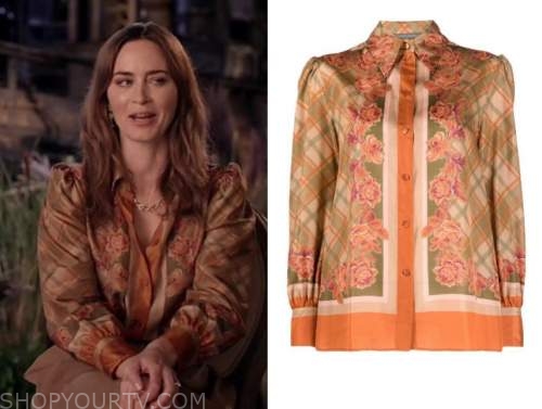 emily blunt, live with kelly and ryan, orange floral check blouse