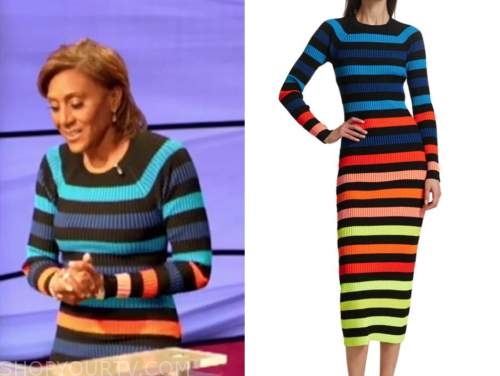 robin roberts, jeopardy, multicolor striped knit dress