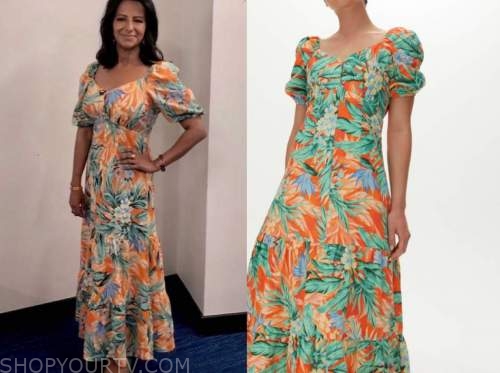 ranvir singh, good morning britain, orange and green palm dress
