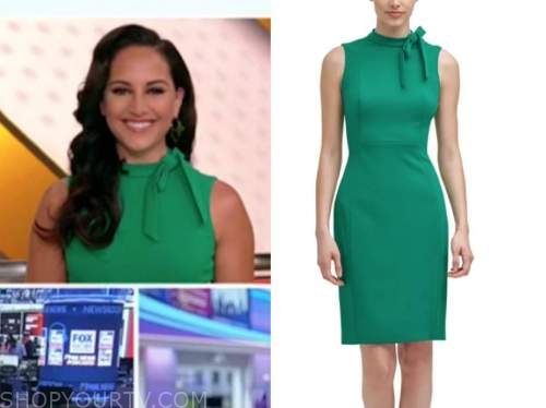 outnumbered, emily compagno, green tie neck sheath dress