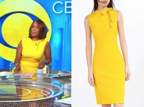 gayle king, cbs this morning, yellow bow sheath dress