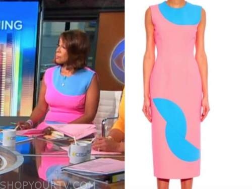 Gayle King, cbs this morning, pink and blue colorblock sheath dress