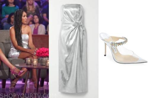tayshia Adams, the bachelorette, silver strapless dress, clear heels