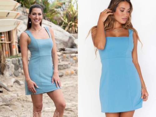 becca kufrin, bachelor in paradise, blue square neck dress