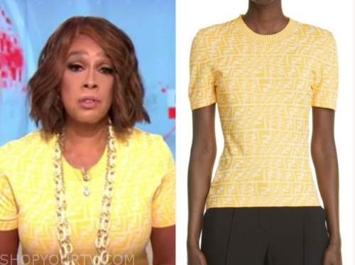 Gayle king, cbs this morning, yellow knit jacquard logo top