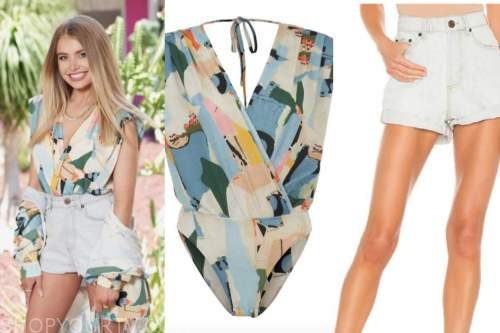 Demi Burnett, bachelor in paradise, printed bodysuit, denim shorts