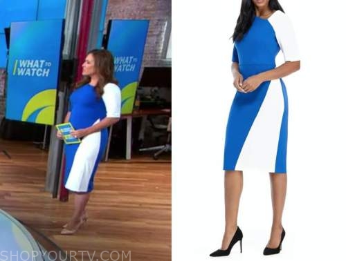 Nikki battiste, cbs this morning, blue and white colorblock dress