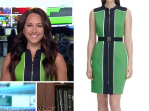 Emily compagno, outnumbered, green and blue colorblock dress