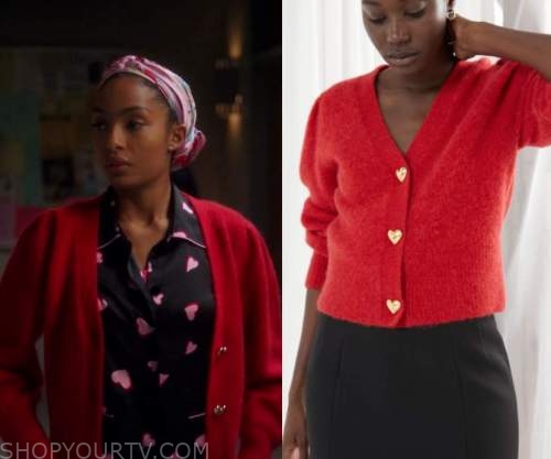 Grown-ish: Season 4 Episode 9 Zoey's Red Heart button Cardigan | Shop ...