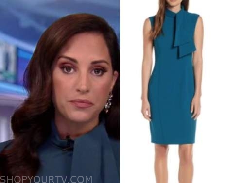 Emily Compagno, outnumbered, teal tie neck sheath dress