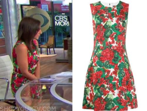 Laurie seagall, cbs this morning, red and green floral dress