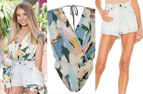 Demi Burnett, bachelor in paradise, printed bodysuit, denim shorts
