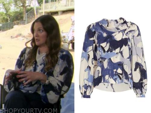 Drew Barrymore, Drew Barrymore show, ivory and blue printed silk cowl blouse