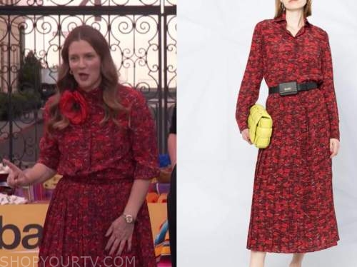 Drew Barrymore, Drew Barrymore show, red lip print blouse and skirt