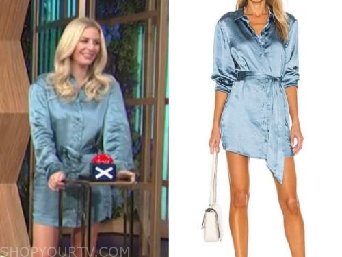 Morgan Stewart, E! news, daily pop, blue satin shirt dress