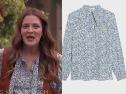 Drew Barrymore, Drew Barrymore show, blue floral tie neck blouse