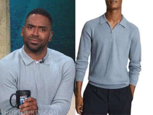 Justin sylvester, E! news, daily pop, blue knit polo top
