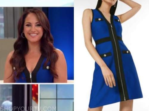 Emily compagno, outnumbered, blue and black knit dress