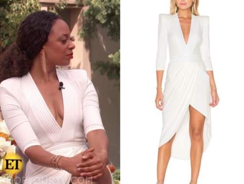 Drew Barrymore show, white asymmetric midi dress, Nischelle turner
