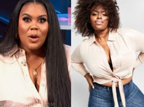 Nina Parker, E! news, nightly pop, beige sequin shirt