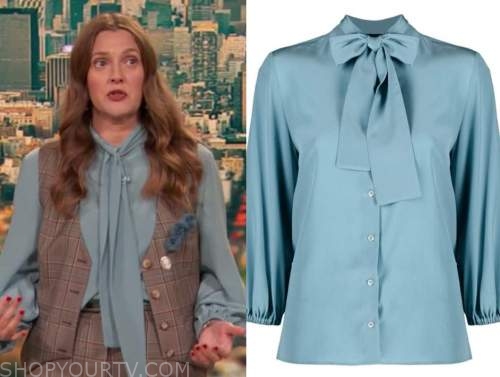 Drew Barrymore, Drew Barrymore show, blue tie neck blouse