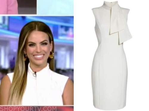 kacie mcdonnell, outnumbered, white tie neck sheath dress