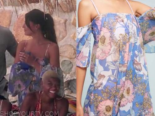 becca kufrin, bachelor in paradise, purple floral cold-shoulder dress