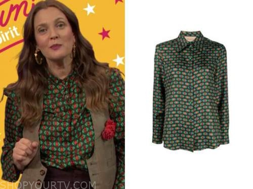 drew barrymore, drew barrymore show, green and red geometric shirt