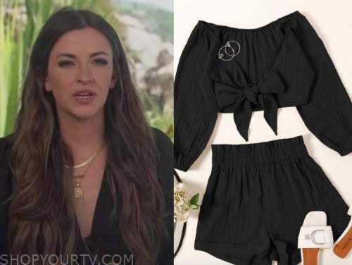 tia booth, black tie front top and shorts, bachelor in paradise